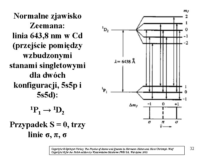 Normalne zjawisko Zeemana: linia 643, 8 nm w Cd (przejście pomiędzy wzbudzonymi stanami singletowymi