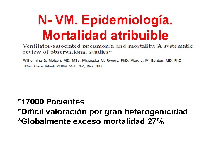 N- VM. Epidemiología. Mortalidad atribuible *17000 Pacientes *Difícil valoración por gran heterogenicidad *Globalmente exceso