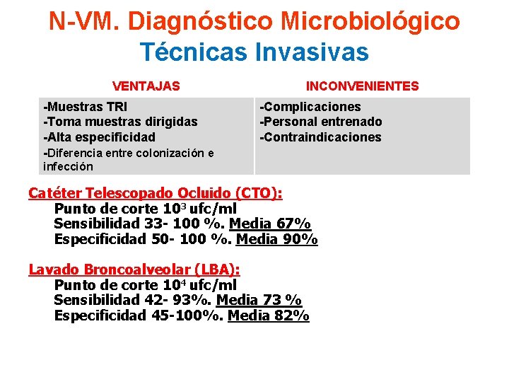 N-VM. Diagnóstico Microbiológico Técnicas Invasivas VENTAJAS -Muestras TRI -Toma muestras dirigidas -Alta especificidad -Diferencia