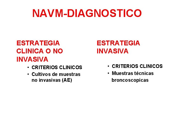 NAVM-DIAGNOSTICO ESTRATEGIA CLINICA O NO INVASIVA • CRITERIOS CLINICOS • Cultivos de muestras no