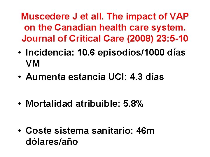 Muscedere J et all. The impact of VAP on the Canadian health care system.