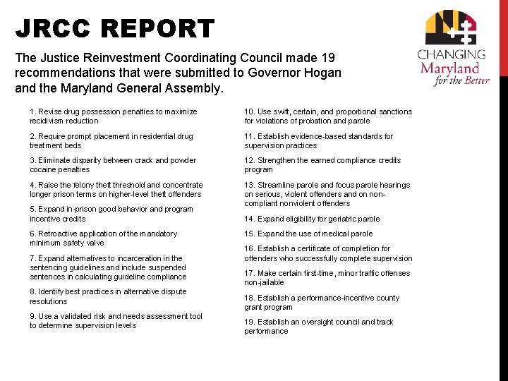 JRCC REPORT The Justice Reinvestment Coordinating Council made 19 recommendations that were submitted to