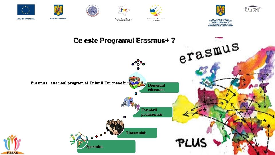 Erasmus+ este noul program al Uniunii Europene în: Domeniul educației; Formării profesionale; Tineretului; Sportului. Erasmus+ este noul program al Uniunii Europene în: Domeniul educației; Formării profesionale; Tineretului; Sportului.