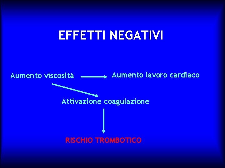 EFFETTI NEGATIVI Aumento viscosità Aumento lavoro cardiaco Attivazione coagulazione RISCHIO TROMBOTICO 