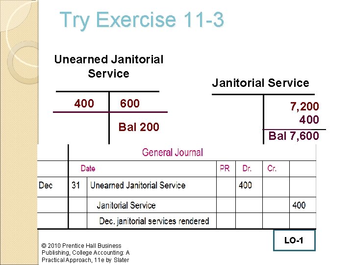Try Exercise 11 -3 Unearned Janitorial Service 400 600 Bal 200 © 2010 Prentice