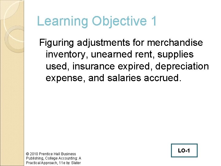 Learning Objective 1 Figuring adjustments for merchandise inventory, unearned rent, supplies used, insurance expired,