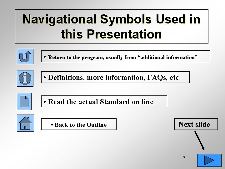 Navigational Symbols Used in this Presentation • Return to the program, usually from “additional