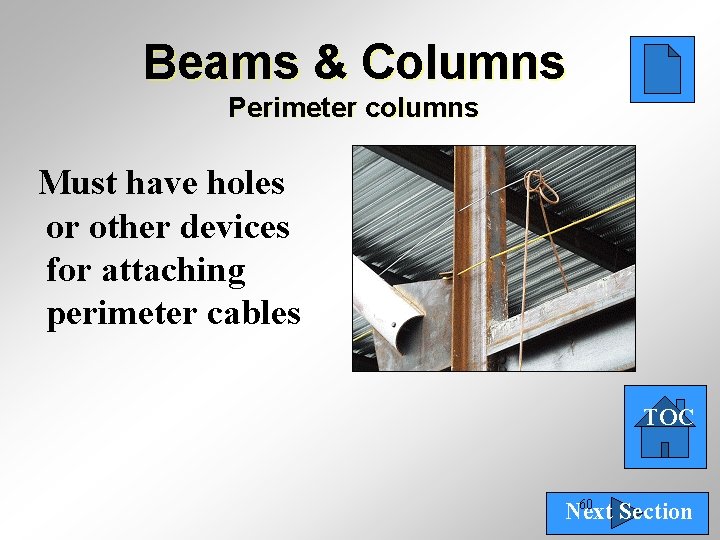 Beams & Columns Perimeter columns Must have holes or other devices for attaching perimeter