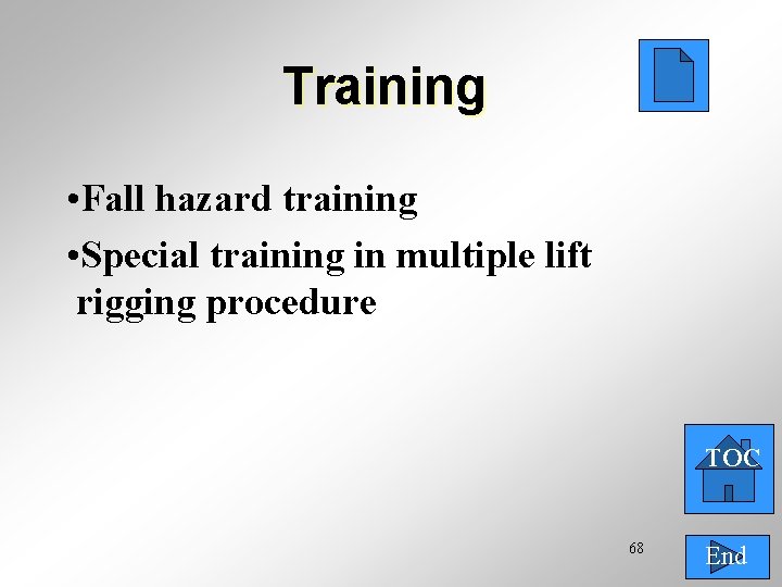 Training • Fall hazard training • Special training in multiple lift rigging procedure TOC