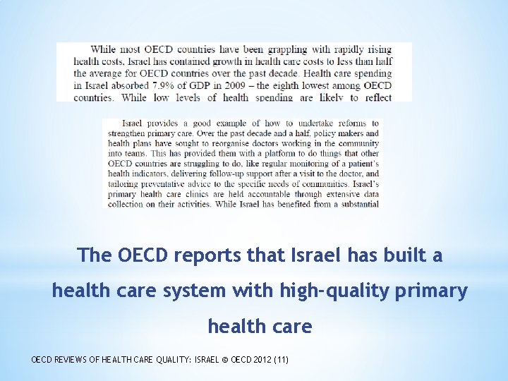 The OECD reports that Israel has built a health care system with high-quality primary