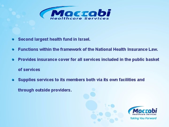 Second largest health fund in Israel. Functions within the framework of the National Health