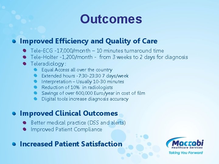 Outcomes Improved Efficiency and Quality of Care Tele-ECG -17, 000/month – 10 minutes turnaround