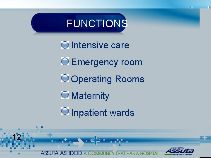 FUNCTIONS Intensive care Emergency room Operating Rooms Maternity Inpatient wards 12 