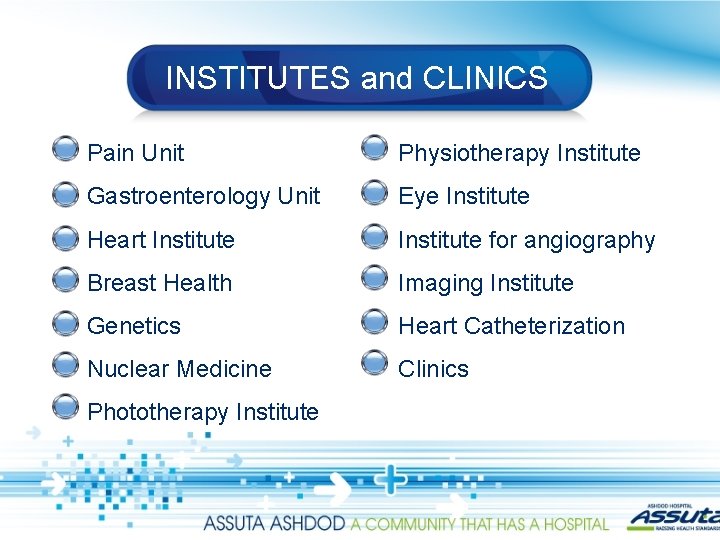 INSTITUTES and CLINICS Pain Unit Physiotherapy Institute Gastroenterology Unit Eye Institute Heart Institute for