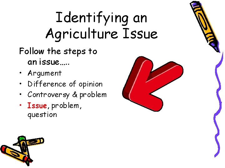 Identifying an Agriculture Issue Follow the steps to an issue…. . • • Argument