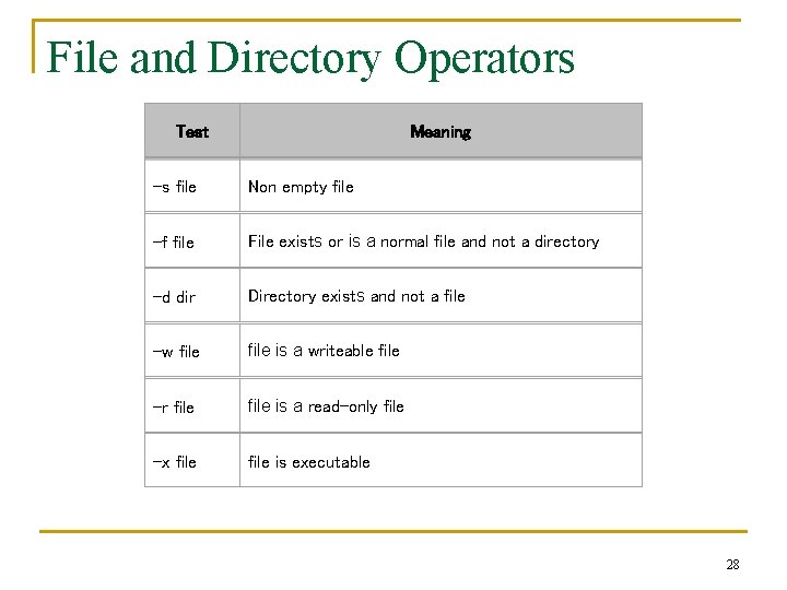 File and Directory Operators Test Meaning -s file Non empty file -f file File