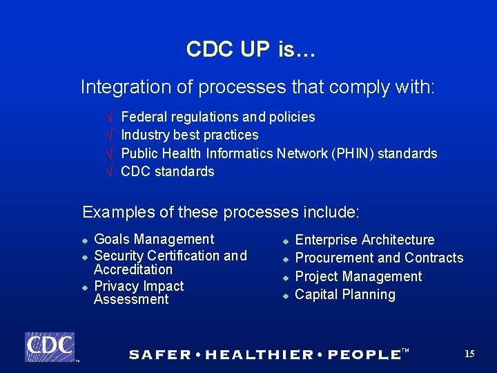 CDC UP is… Integration of processes that comply with: √ √ Federal regulations and