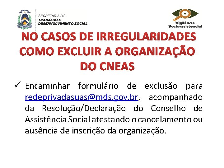 NO CASOS DE IRREGULARIDADES COMO EXCLUIR A ORGANIZAÇÃO DO CNEAS ü Encaminhar formulário de