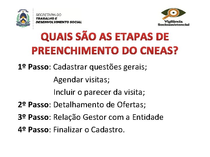 QUAIS SÃO AS ETAPAS DE PREENCHIMENTO DO CNEAS? 1º Passo: Cadastrar questões gerais; Agendar