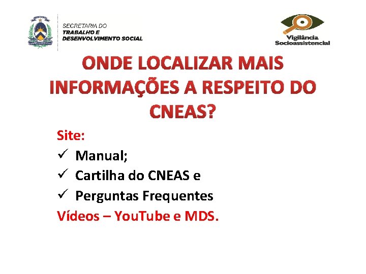 ONDE LOCALIZAR MAIS INFORMAÇÕES A RESPEITO DO CNEAS? Site: ü Manual; ü Cartilha do