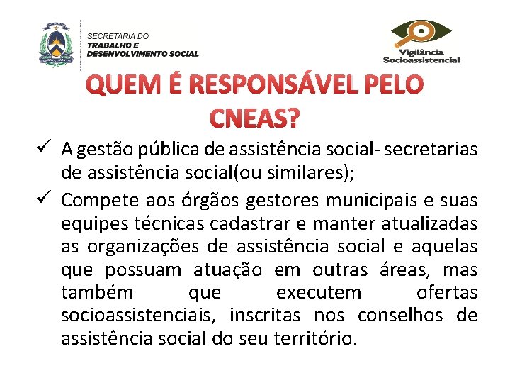 QUEM É RESPONSÁVEL PELO CNEAS? ü A gestão pública de assistência social- secretarias de