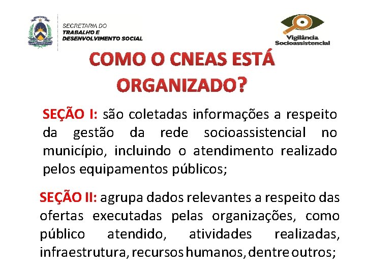 COMO O CNEAS ESTÁ ORGANIZADO? SEÇÃO I: são coletadas informações a respeito da gestão