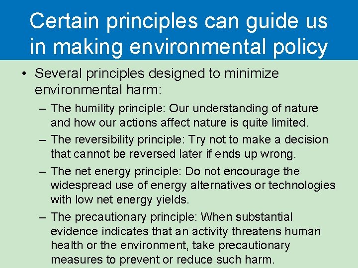 Certain principles can guide us in making environmental policy • Several principles designed to