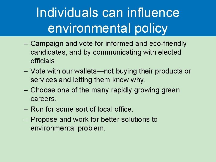 Individuals can influence environmental policy – Campaign and vote for informed and eco-friendly candidates,