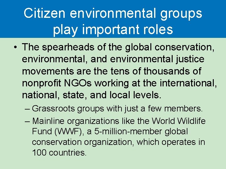 Citizen environmental groups play important roles • The spearheads of the global conservation, environmental,