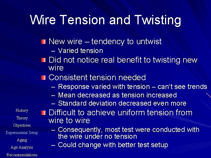 Wire Tension and Twisting New wire – tendency to untwist – Varied tension Did