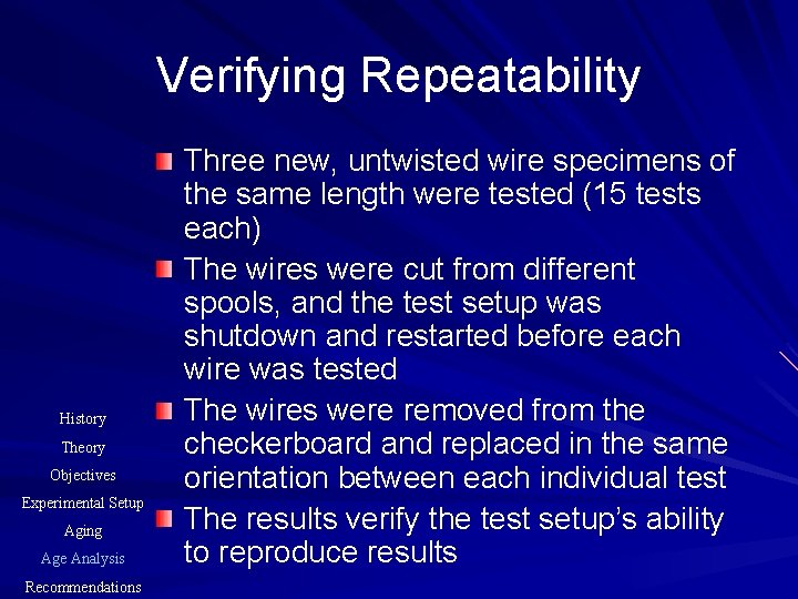 Verifying Repeatability History Theory Objectives Experimental Setup Aging Age Analysis Recommendations Three new, untwisted