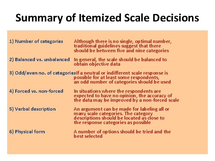 Summary of Itemized Scale Decisions 1) Number of categories Although there is no single, Summary of Itemized Scale Decisions 1) Number of categories Although there is no single,
