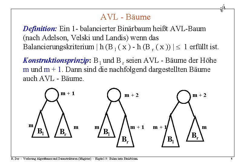 AVL - Bäume Definition: Ein 1 - balancierter Binärbaum heißt AVL-Baum (nach Adelson, Velski