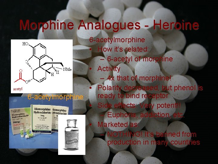 Morphine Analogues - Heroine 6 -acetylmorphine • How it’s related: – 6 -acetyl of