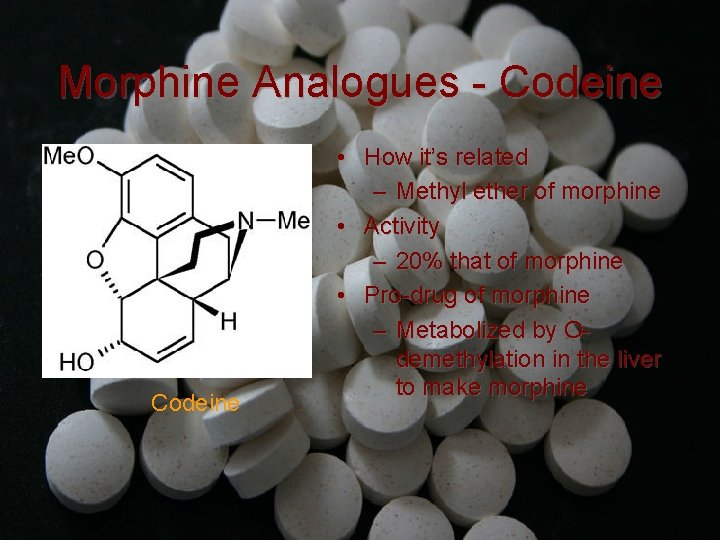 Morphine Analogues - Codeine • How it’s related – Methyl ether of morphine •