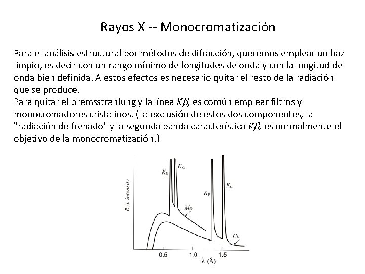 Rayos X -- Monocromatización Para el análisis estructural por métodos de difracción, queremos emplear