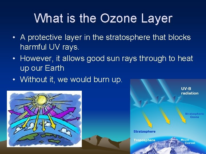 What is the Ozone Layer • A protective layer in the stratosphere that blocks