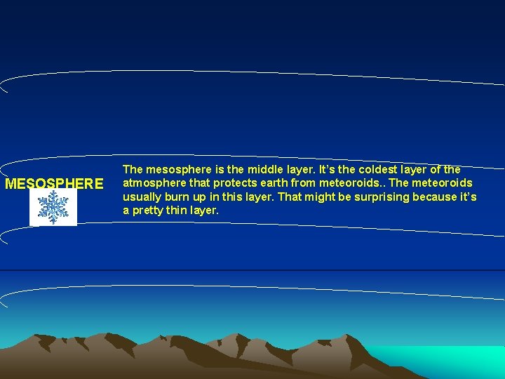 MESOSPHERE The mesosphere is the middle layer. It’s the coldest layer of the atmosphere