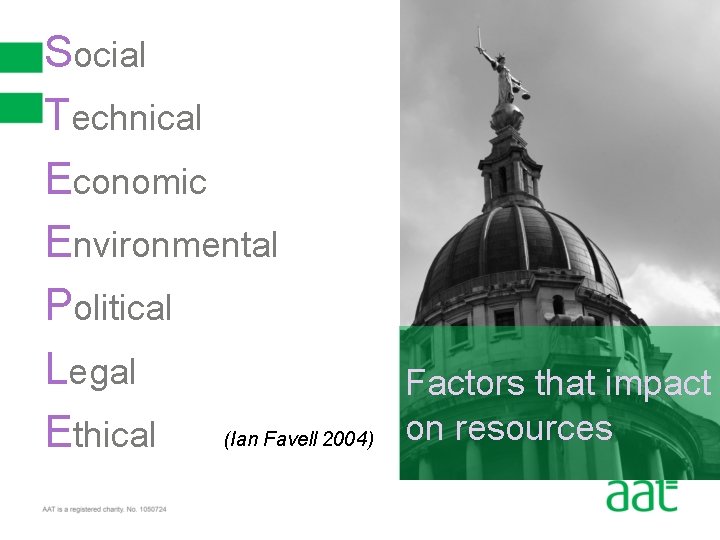 Social Technical Economic Environmental Political Legal Factors that impact on resources (Ian Favell 2004)