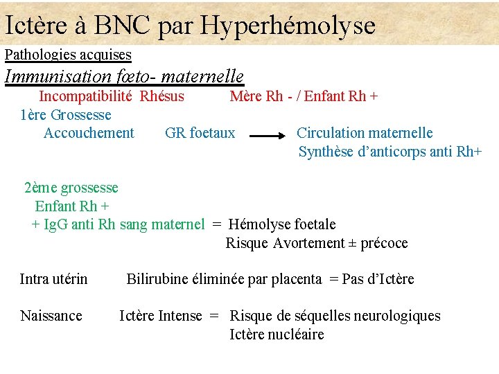 Ictère à BNC par Hyperhémolyse Pathologies acquises Immunisation fœto- maternelle Incompatibilité Rhésus Mère Rh