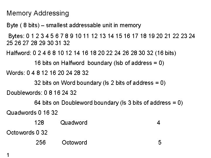 Memory Addressing Byte ( 8 bits) – smallest addressable unit in memory Bytes: 0