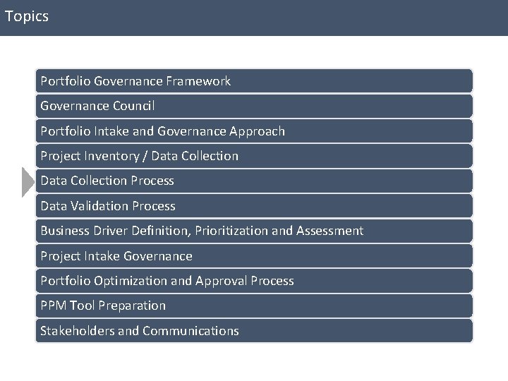 Topics Portfolio Governance Framework Governance Council Portfolio Intake and Governance Approach Project Inventory /