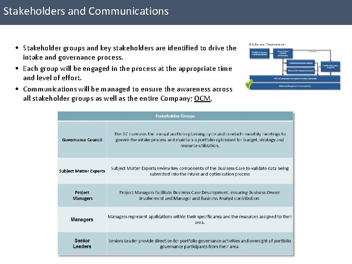 Stakeholders and Communications • Stakeholder groups and key stakeholders are identified to drive the