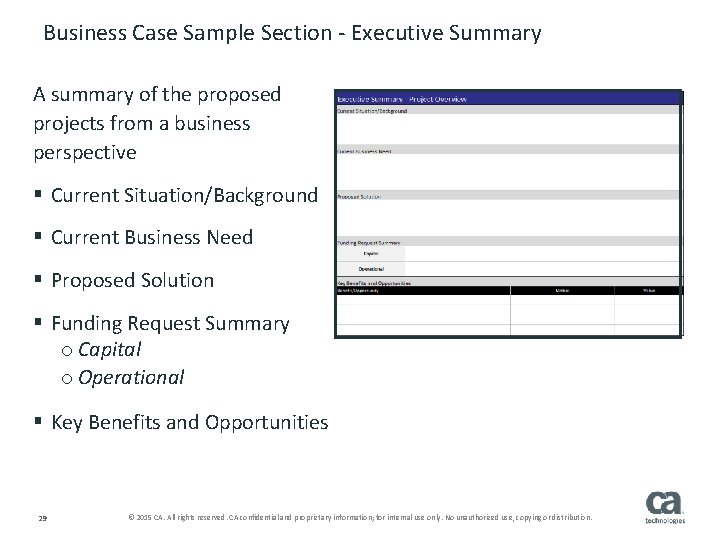 Business Case Sample Section - Executive Summary A summary of the proposed projects from