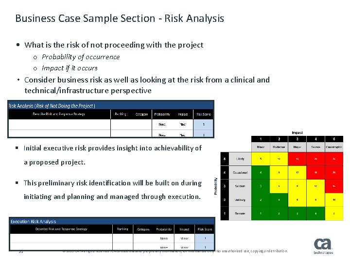 Business Case Sample Section - Risk Analysis • What is the risk of not