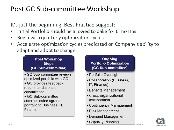 Post GC Sub-committee Workshop It’s just the beginning, Best Practice suggest: • Initial Portfolio