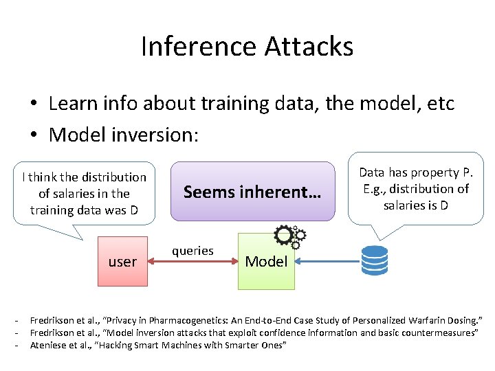 Inference Attacks • Learn info about training data, the model, etc • Model inversion: