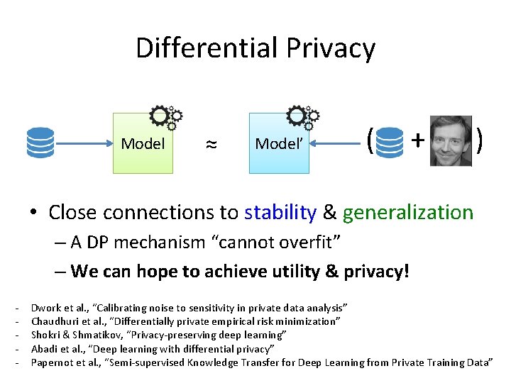 Differential Privacy Model ≈ Model’ ( + ) • Close connections to stability &