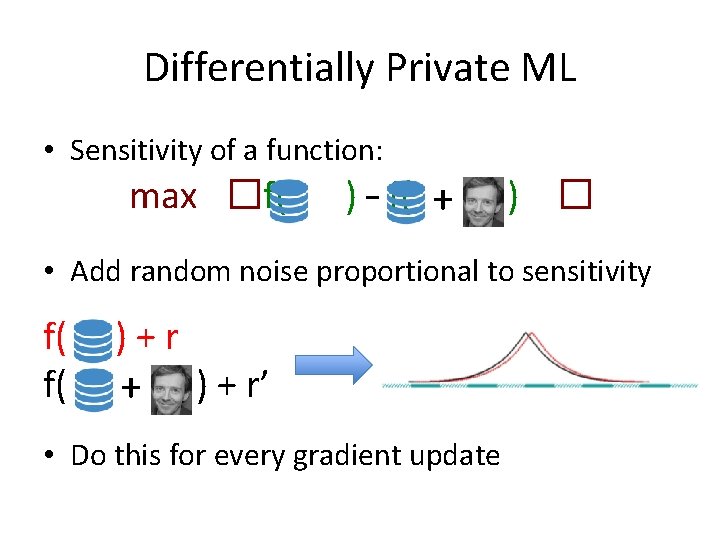 Differentially Private ML • Sensitivity of a function: max �f( ) – f( +