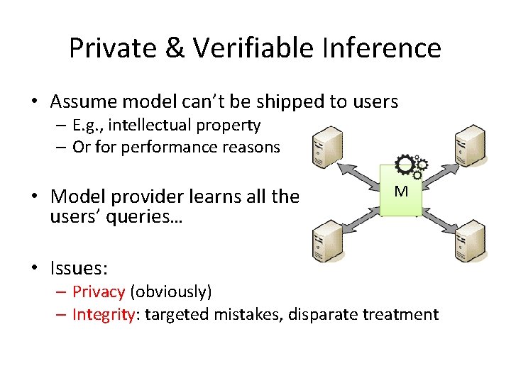 Private & Verifiable Inference • Assume model can’t be shipped to users – E.